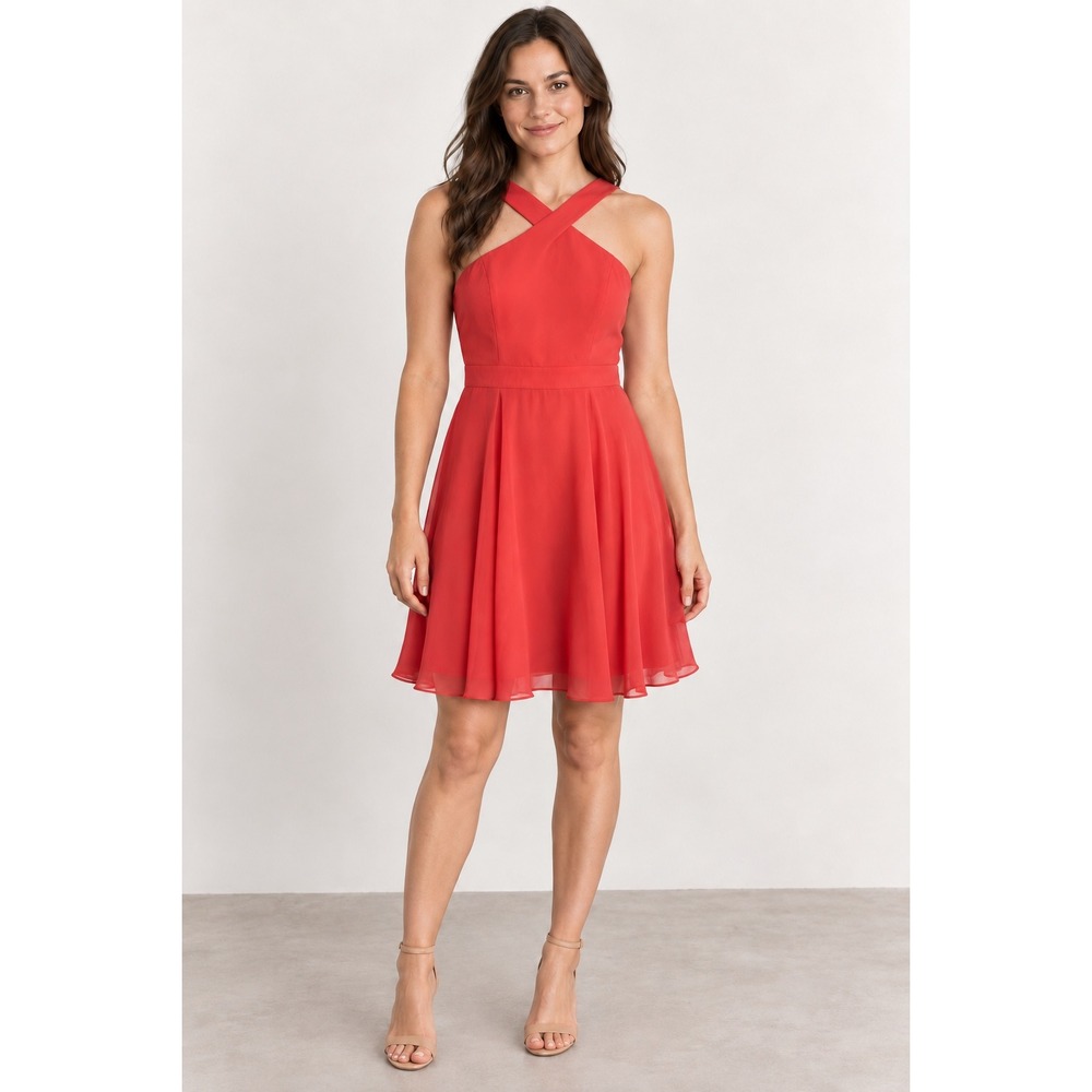 Lulus Red Chiffon Halter Crisscross Neck A-Line Cocktail Dress Medium